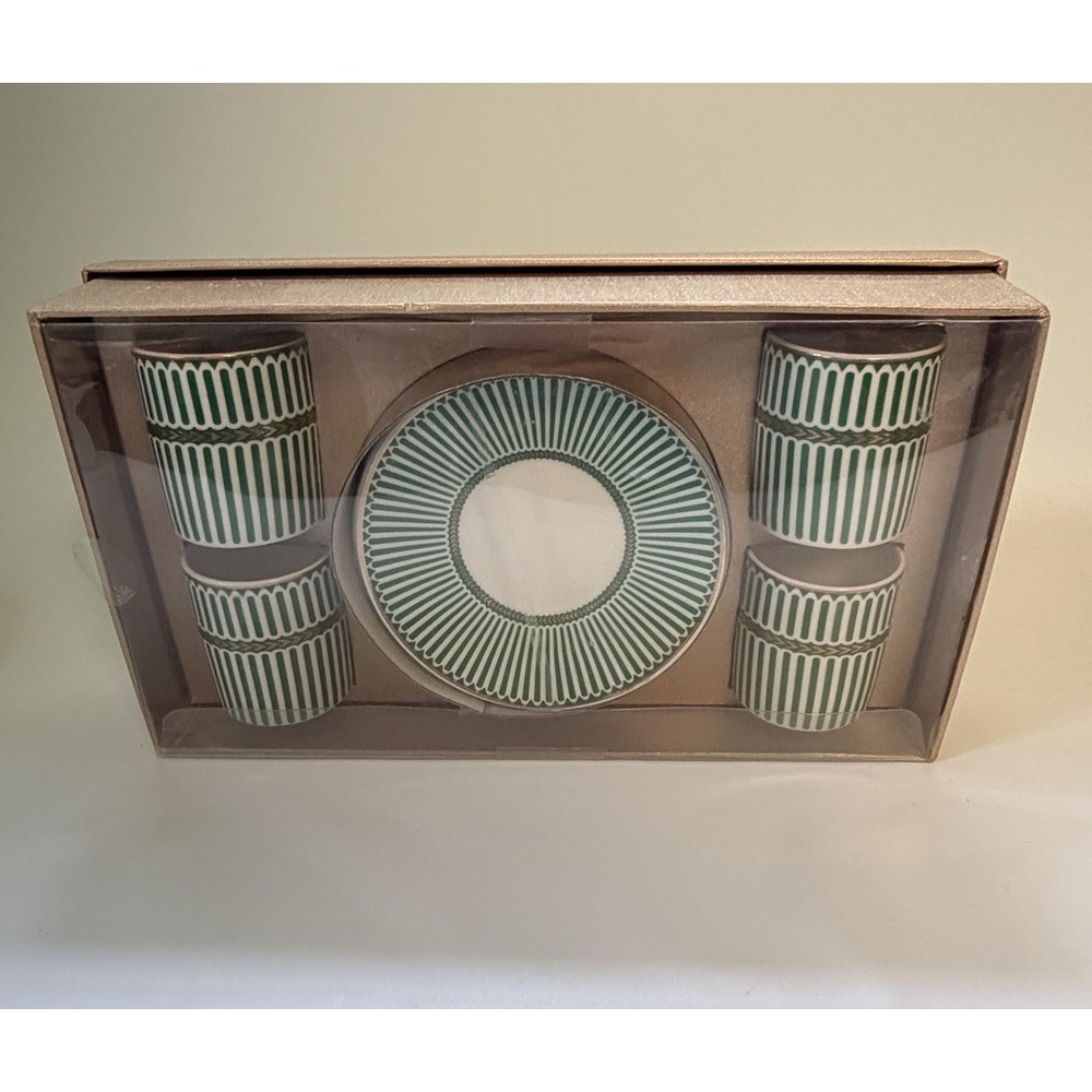 Grace Teaware Espresso Coffee Set 4 Cups & Saucers Green White Stripe New in Box